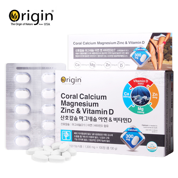 [롯데헬스원] Origin 산호칼슘 마그네슘 아연 & 비타민D (1,300mg*100정)